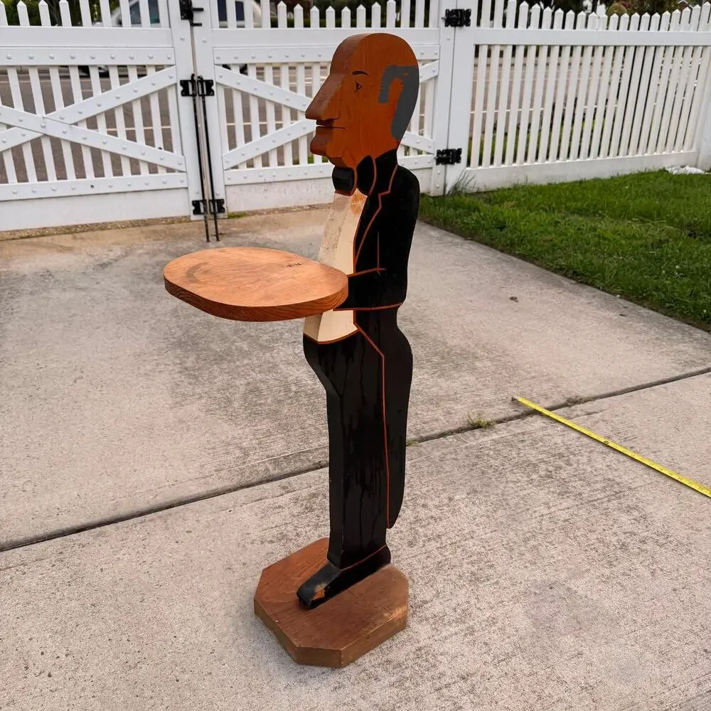 VTG Wooden Butler Silent Valet Stand Drink Tray Hand Painted Man Cave Art 38